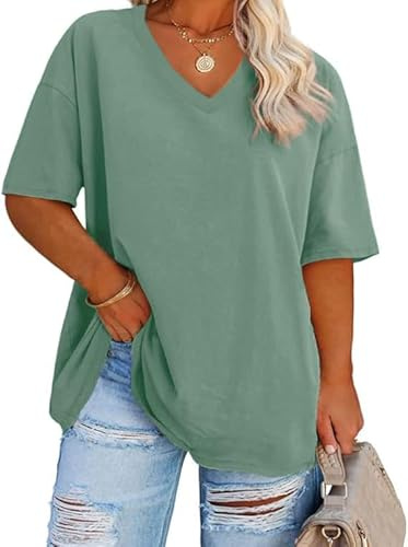 Fisoew Señoras Tallas Grandes Camiseta Media Manga Camisa con Cuello en V Verano Suelta Top Básico Sobredimensionado Manga Corta Algodón tee Tops(Verde, XXL)