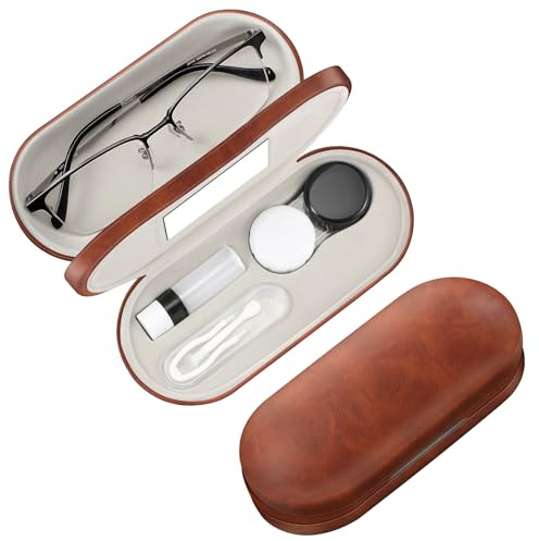 Fintie Estuche 2 en 1 para lentes de contacto y estuche para lentes, soporte de viaje portátil de doble cara con espejo integrado, pinzas y botella de solución para lentes de contacto incluida, marrón