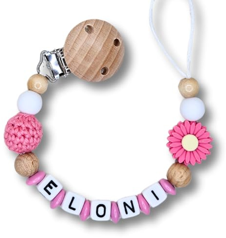 Lovely Personalisiertes Baby Geschenk, Mädchen/Junge, Schnullerkettchen mit Name, Schnullerband, verschiedene Farb-Varianten Daisy (Sakura)