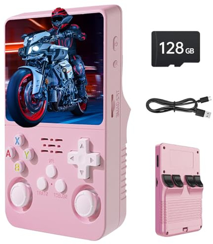Febotak R36MAX Retro-Handheld-Spielkonsole, 4-Zoll-IPS-Display, 128 GB Speicher, 25.000 Spiele, Linux-System, 4000-mAh-Akku, Mini-Arcade-Konsole (Rosa)