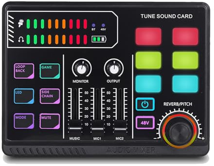 Gaming Audio Mixer mit 48V Phantom Power, RGB PC mixer for Streaming, RGB Mischpult für XLR Mikrofon, Audio Mixer für PC/Phone/Gamer Creators/Live/YouTube/Individuelle