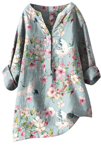 Womens Comfy Crinkle Gauze Linen Shirts Beach 3/4 Sleeve Graphic Oversized Tshirt Casual Ladies Dresses Long Sleeve Loose Fit High Low Fall V Neck Women's Cotton Tops Club Skirts Sky Blue
