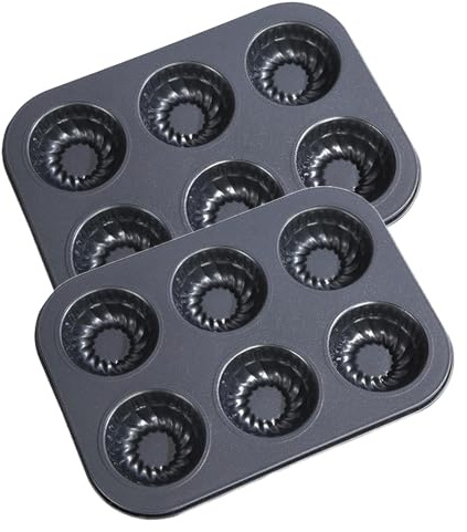 Muffin Tray 6 Cups 2 Pack Non Stick Deep Sturdy Cupcake Tin Muffin Mould Tray Yorkshire Pudding Baking Pan Durable Carbon Steel Bakeware Excellent Heat Conduction (Black with Design)