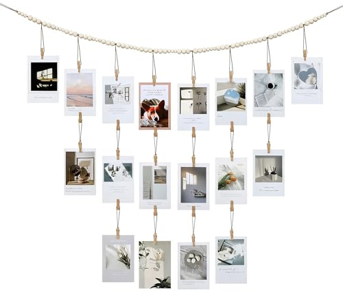 FrostyFlair fotovägg, hängande fotovisning med 28 klämmor fototirlang, träpärla girlang bild boho-dekor, fotogardin rum sovsal dekor