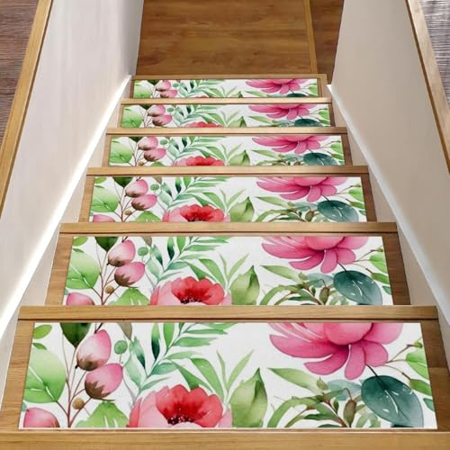 CHENZZZZ Confezione da 15 gradini per scale in legno per interni con fiori e foglie verdi, antiscivolo, per scale, per animali domestici, bambini e anziani
