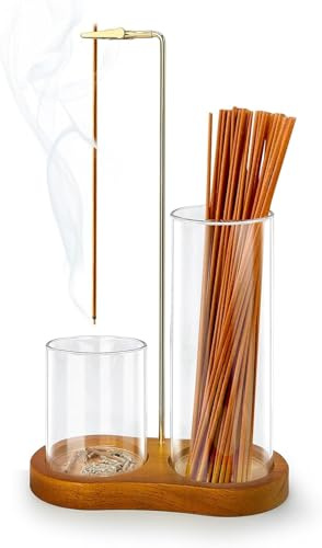 Porte-encens 2 en 1 en bois pour bâtons, porte-encens anti-cendres, avec rangement en verre et organisateur de bâtons d'encens pour yoga, spa, thé, méditation zen