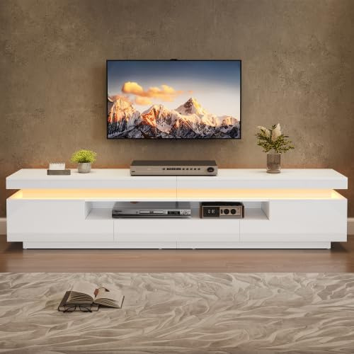 Merax TV Schrank 175 cm mit LED-Beleuchtung, 2 L-förmige Schränke und 1 Schublade, Lowboard für 75 Zoll Fernseher, Weiß TV Board für Wohnzimmer