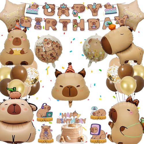 Decorazioni Compleanno Capybara, Palloncini Banner e Cake Topper | Tema Capybara con palloncini foil, lattice marrone, banner Capy Birthday, decorazioni tavolo e cake topper