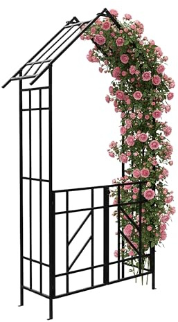 Relaxdays Arco per Rose con cancello, Tetto a Punta, Sostegno rampicanti, Giardino, HxLxP: 247x148x43 cm, Metallo Nero