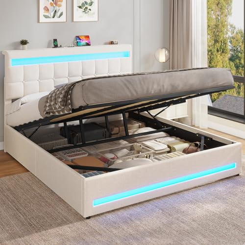 AOGLLATI Polsterbett Doppelbett 180x200 cm mit LED & Ladefunktion, Hydraulisches Stauraumbett mit höhenverstellbarem Kopfteil,Bett 180x200 mit Bettkasten & Lattenrost, Leinen, Beige (Ohne Matratze)