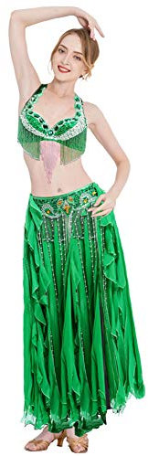ROYAL SMEELA Bauchtanz-Kostüm-Set für Damen, Bauchtanz-BH und Gürtel, Chiffon, Tanzröcke, professionelles Outfit, 3-teilig, Grün , X-Groß