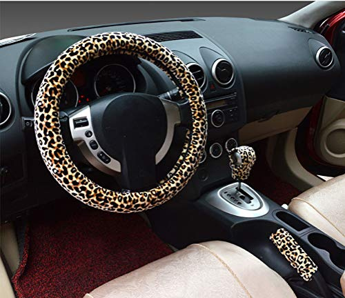 Caches de Volant 3 en 1 en Peluche Douce Motif léopard poignée de Frein à Main Levier de Vitesse Courte et Chaude pour Femme Hiver (Beige,Standard)