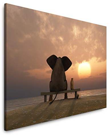 Paul Sinus Art Elefant und Hund schauen in Sonnenuntergang 100 x 70 cm Inspirierende Fotokunst in Museums-Qualität für Ihr Zuhause als Wandbild auf Leinwand in