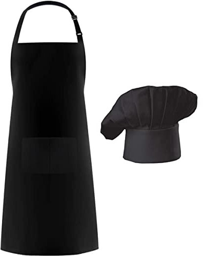 Hyzrz Grembiule da cuoco, cappello da cuoco e cucina per adulti, regolabile, grembiule per costume da panettiere per uomini e donne, regalo per papà, nero, Taglia Unica