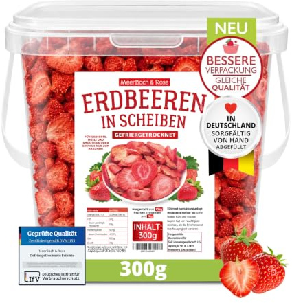 Gefriergetrocknete ERDBEEREN 300g knusprige Erdbeerchips in SCHEIBEN | 100% Frucht ohne Zuckerzusatz – zum Naschen, für Müsli, Smoothie & Backen. MEERBACH & ROSE – Qualität aus Deutschland.