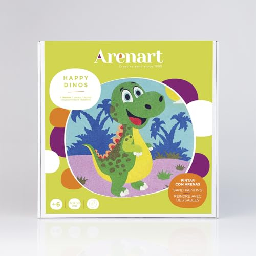 ARENART | Pack 2 Dinosaurier-Zeichnungen 30x30cm | mit farbigem Sand malen | Basteln für Mädchen | Kinderzeichnung | Malen nach Zahlen | +6 Jahre