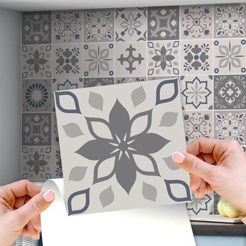 WALPLUS Tile Transfers for Kitchen 15x15cm(6) Stick on Tiles Walls Self Adhesive Removable Sticky Back Palace Light Grey Moroccan Tile Stickers 24 PCS