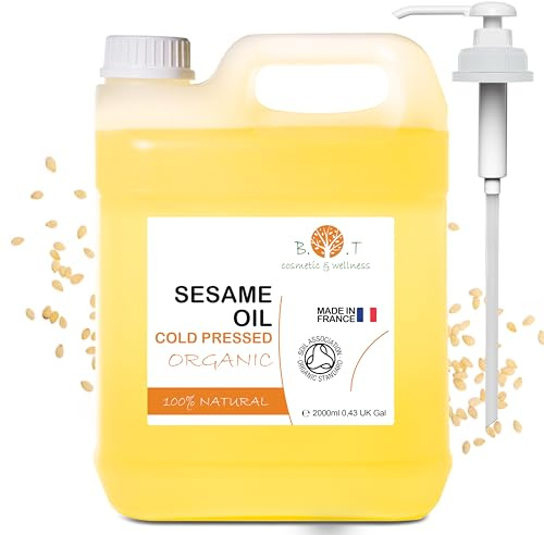 Olio di Sesamo, Biologico, Puro al 100%, Olio di semi di sesamo spremuto a freddo, con certificato biologico. Utilizzo in cosmesi naturale e massaggi ayurvedici, 2000 ml