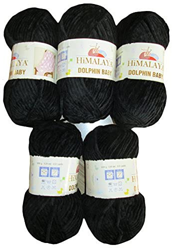 5 x 100 Gramm Himalaya Dolphin Strickwolle, Babywolle , 500 Gramm Wolle Super Bulky (schwarz 80311)