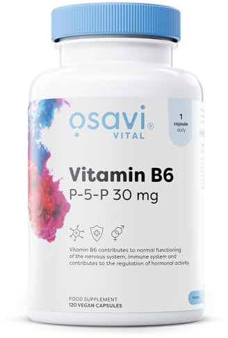 Osavi Vitamin B6 P–5–P 30mg – 120 Vegan Capsules | Active Coenzymatic Form of Pyridoxal–5’–Phosphate | High Potency 18 mg Vitamin B6 per Capsule | Clean Label, Vegan Friendly
