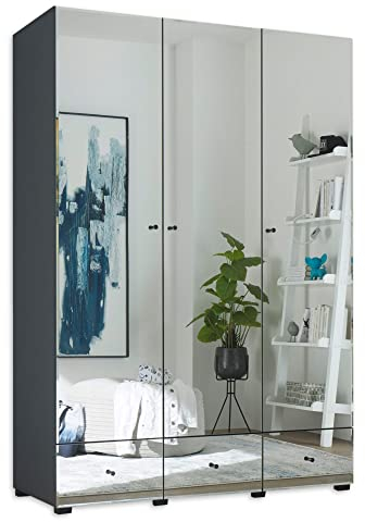 Stella Trading Kleiderschrank mit Spiegeln und Schubladen - Vielseitiger Drehtürenschrank 3-türig in Graphit - 135 x 195 x 55 cm (B/H/T)
