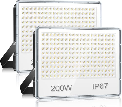 YIQIBRO LED Strahler Außen 200W, IP67 wasserdicht für Garten, 2 Stück | 20000LM Superhell LED Fluter Außen, 6500K Kaltweiß Außenstrahler LED Scheiwerfer für Lager, Garage, Terrasse, Fabrik
