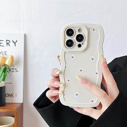 ZTOFERA Case for iPhone 15 Pro Max, Cute Curly Wave Frame Daisy Pattern Liquid Silicone Case, Flexible Shockproof Protective Bumper Cover for iPhone 15 Pro Max 6.7 - Beige