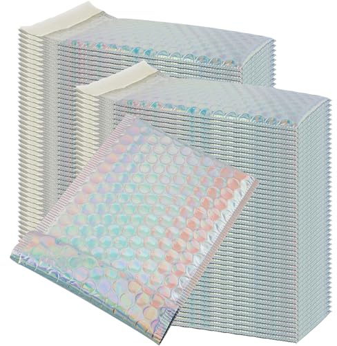 HOIGON 100 PCS 5 x 6 Inch Silver Metallic Bubble Mailers, Foil Glitter Poly Padded Mailing Cushion Envelopes, Holographic Self Seal Adhesive Shipping Bags for Mailing, Packing