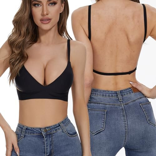 Shewant Halter Backless Bra for Dress Multiway Convertible Bra Seamless Wirefree Push Up Low Back Bra for Women Black