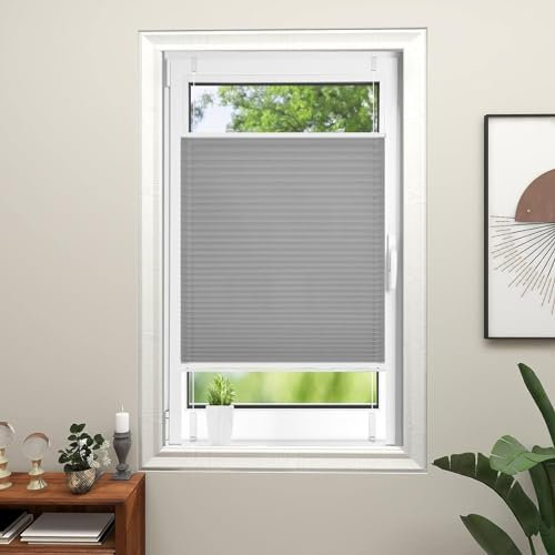 Thermo Plissee Ohne Bohren 65 x 220 cm Verdunklungsplissee Lichtundurchlässig Jalousien Zum Klemmen mit Klemmträger / -fix für Fenster & Tür, Hellgrau