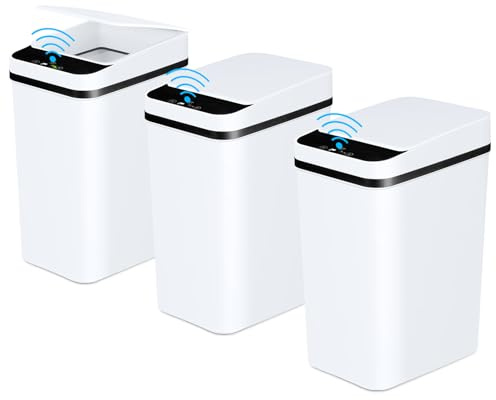 Anborry Bathroom Automatic Trash Can 3 Pack 2.2 Gallon Motion Sensor Touchless Small Slim Garbage Can with Lid Smart Electric Narrow Garbage Bin for Bedroom Living Room Office Kitchen (White)