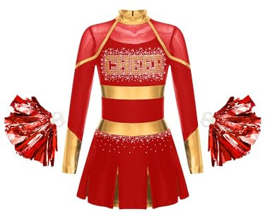MSemis Mädchen Cheer Leader Cheerleading Kostüm Langarm Schulmädchen Uniform mit Pom Pom Karneval Fasching Party Halloween Kostüm Rot 134-140