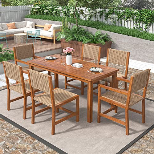 Kayan 6+1 Gartenmöbel Essgruppe, PE-Rattan Sitzgruppe 6 Personen, Outdoor-Esstisch-Set 6 Stühle mit Tisch, Stuhlgestell Tischplatte aus Akazienholz, Terrassenmöbel Balkonmöbel Gartenlounge Set