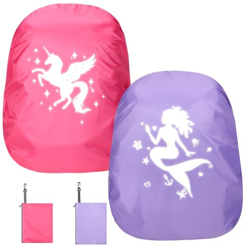 Yamitora 2 Stück Regenschutz Schulranzen, 35L Regenschutz Rucksack Mädchen, Regenhülle Rucksack Meerjungfrau Einhorn für Schulrucksack für Mädchen Schulanfänger Kommt mit Zwei kleinen Taschen