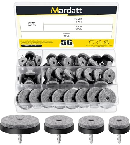 Mardatt 56Pcs Screw on Felt Chair Pads, Round Non Slip Felt Furniture Pads Felt Pads for Furniture Floor Chair Leg Protectors Furniture Sliders for Hardwood Tile Floors - 0.78, 0.94, 1.1, 1.49