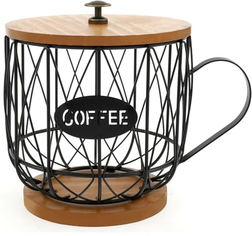 Coffee Pod Holder with Wood Base Large Capacity Coffee Capsule Pod Storage Basket Sturdy Coffee Filter Holder Coffee Pod Storage Cup Coffee Station Organizer Coffee Accessories for Home Office