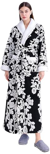 UK Clearance Damen-Bademantel, Fleece, lang, warm, Plüsch-Bademantel, flauschiges Hausmantel-Muster, Schwarz , XL