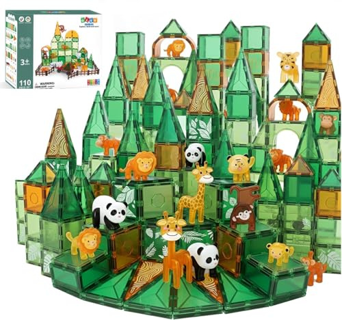 Olvy Blocs Magnétiques Montessori Jouet - 110 Tuiles Magnétiques Enfants - Jouet de Construction Magnétique Dès 3 Ans - Smart Playground Blocs Magnétiques, Set Magnétique Enfants (Jungle)