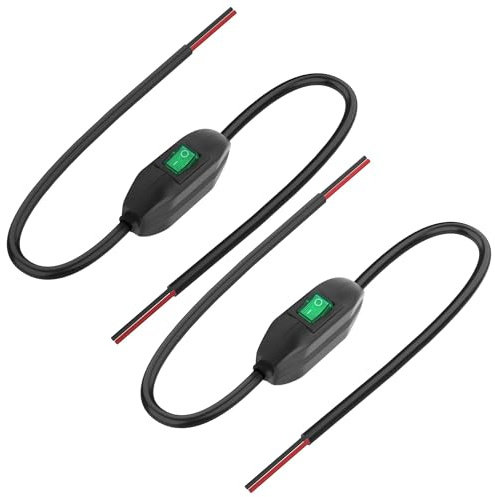 XMSJSIY Inline Schalter mit ON/OFF Taste 12V 24V/3A Umschalten Kippschalter Kabelschalte Wippknopf Schalter mit Prewire auf beiden Enden grüne LED für Lampe - 0.5M/1.6FT 2PCS
