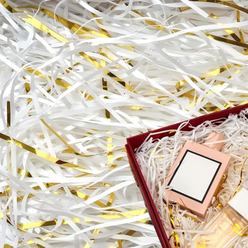 330g Shredded Tissue Paper, Gold And White Shredded Tissue Paper For Gift Boxes, Hamper Stuffing for Gift Boxes and Bags, Ideal Hamper Filling and Stuffing for All Occasions (300g White, 30g Gold)