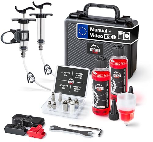 Borgen Brake Bleed Kit PRO for Shimano, Tektro & TRP Hydraulic Disc Brakes – Bike Bleed Kit with Video Guide- Incl. 2x Mineral Oil Brake fluid – Bike Tool Kit for Brake Bleeding