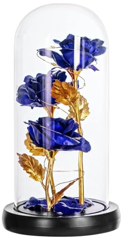 Chewtoyo Rosa in vetro con luci a LED, rosa eterna blu in cupola di vetro, accenti foglia oro, display floreale luminoso alimentato a batteria