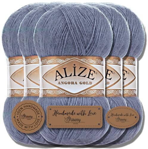 Hobby YARN 3x Etikettenlabel mit Alize Angora Gold Wolle Premium 5x100g als Set, Yarn, Garn, Dünne Mohair aus Schurwolle, Uni, Einfarbig, Strickgarn (Denim Melange - 203)