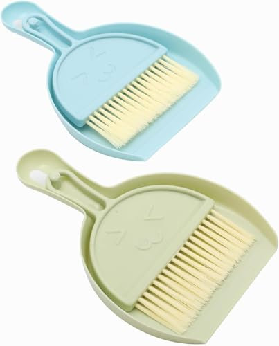 2 Pack Mini Dustpan and Brush Sets,Handheld Small Dustpan and Brush,Portable Broom with Dust Pan Set,Table Crumb Sweeper Broom with Dust pan,for Home,Table,Countertop,Sofa,Key Board.(Blue,Green)