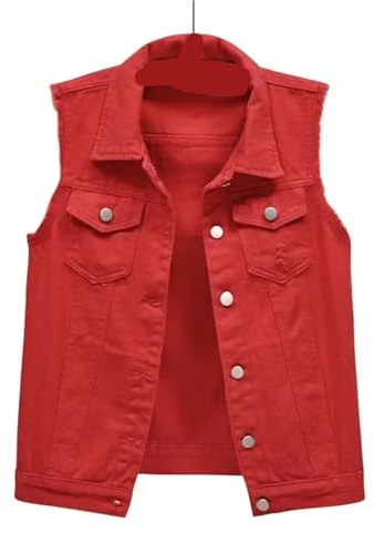 Giubbotto Jeans Uomo Gilet in denim for donna, giacca primaverile, abbigliamento da strada, abbigliamento da donna, cappotti autunnali, abiti alla moda, casual, vintage, eleganti, senza maniche(Red,XX