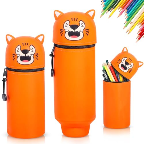 MKAKYES Trousse à Crayons en Silicone, Trousse 2 en 1 en Silicone Souple avec Fermeture Éclair, Kawaii Rétractable Trousse a Crayon pour École, Le Bureau, Cadeau pour Filles Garçons, Tigre