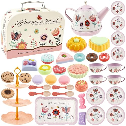 Service à Thé pour Enfants 46Pcs, Amusant avec théière Service à thé pour Enfants, Dessert et Support à gâteau et Sac de Transport, Jouets à Dessert,Jeu de rôle pour Filles de 3 à 9 Ans (Rose)