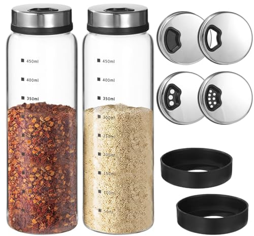 Lot de 2 grandes salières et poivrières en verre avec trous de versement réglables, bases antidérapantes et couvercles rotatifs en acier, 500 ml pour une utilisation culinaire