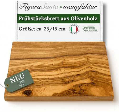 Figura Santa Frühstücksbrett aus Olivenholz mit geraden Kanten- Handgefertigtes Schneidebrett, rustikales Holzbrett für Brot, Käse & Snacks, nachhaltige mediterrane Küchen- & Servierplatte (25cm)