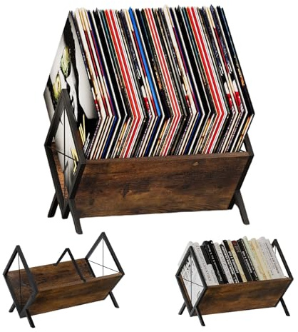 Soporte Vinilos 80-100 LP, Estantería Discos Vinilo con Divisor Ajustable, Mueble Tocadiscos Retro para Álbumes, Revistas, Libros y CD - Industrial Negro Marrón